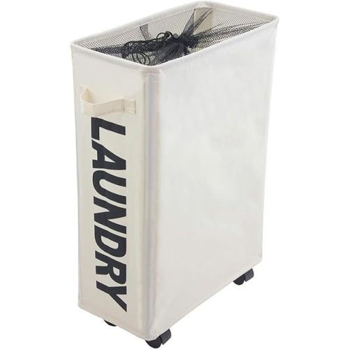 Mziart 22" Rolling Slim Laundry Basket with Stand Foldable Waterproof Sorter and Organizer on Wheels Tall Thin Dirty Laundry Hamper Dorm Home Corner Bin Storage Basket (Beige)