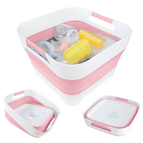 GIMWA Wash Basin for Baby Bottles, Foldable, Versatile Wash Tub for Kitchen, RV, Outdoor Camping Sink, Sturdy & Easy to Clean, Space Saving Plastic Dish tub (Pink)