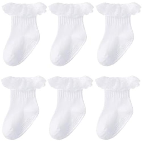 Witwot 6 Pairs Toddler Ruffle Socks Baby Girl Non Slip Socks White Sock with Grip Size 6M-5T