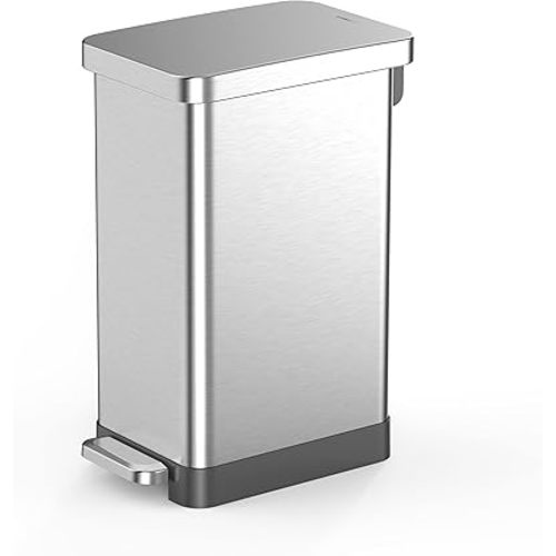 QUALIAZERO 50L/13Gal Heavy Duty Hands-Free Stainless Steel Commercial/Kitchen Step Trash Can, Fingerprint-Resistant Soft Close Lid Trashcan, Slim Shape (50L Slim) (QAMZZ10044)