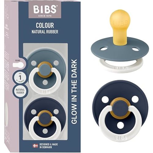 BIBS Colour Night Glow in The Dark Soother 2-Pack, BPA Free Dummy Pacifier, Round Nipple. Natural Rubber Latex, Made in Denmark, Size 1 (0-6 Months), Petrol Glow/Deep Space Glow