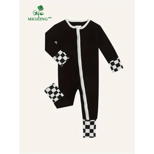 MIOZING Bamboo Fiber Fabric Unisex Toddler's Comfy Jumpsuit, Cute Checkerboard Patchwork Long Sleeve Zipper Romper For Fall Winter