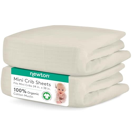 Newton Baby Mini Crib Fitted Sheets (2-Pack) | Organic Muslin Cotton, Ultra Breathable & Soft Baby Sheets, Machine Washable Baby Mattress Sheets, Fits Any Mini Sized Crib 24" x 38", Oatmeal