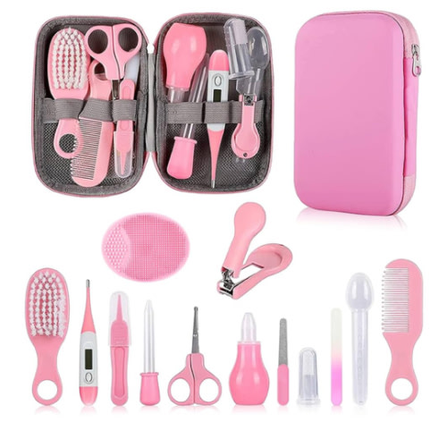 Baby Grooming Kit, Infant Safety Care Set with Hair Brush Comb Nail Clipper Nasal Aspirator,Baby Essentials Kit for Newborn Girls Boys (Pink Baby Grooming kit)