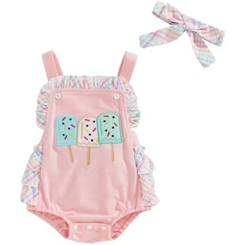Infant Baby Girl Summer Outfit Sleeveless Ice Cream Print Ruffle Tutu Romper Bodysuit and Headband Newborn Clothes