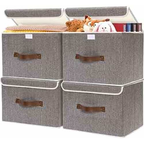 OUTBROS Large Collapsible Storage Box with Lid, Linen Fabric Clothing Shelf Basket Bins Toy Box For Towels, Books, Clothes (Grey, 4-Pack)