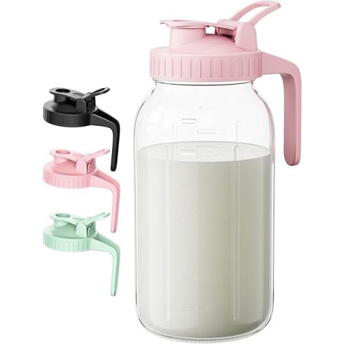 64oz Breast Milk Pitcher - 2 Qurat Glass Mason Jar with Lid and Pour Spout - 100% Airtight Leakproof Water Jugs for Iced Sun Tea, Juice, Cold Coffee, Breastmilk Storage Container - Pink