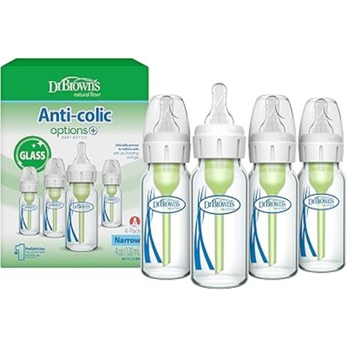 Dr. Brown's Anti-Colic Options+ Narrow Glass Baby Bottle with Level 1 Slow Flow Nipple, BPA-Free, 4 oz/120mL, 4-Pack