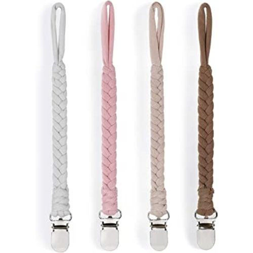 Pacifier Clip Holder for Boy and Girl Universal Handmade Braided Rope Paci Clip Easy to Use 4 Pack (White)