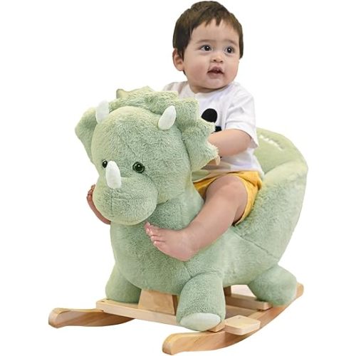 Rocking Horse Green Dinosaur with Chair, Plush Stuffed Animal Rocker for Toddlers 1-3, Baby Rocker with Sweet Music, Wooden Rocking Horse Baby Animal Rocker,CPC Certified