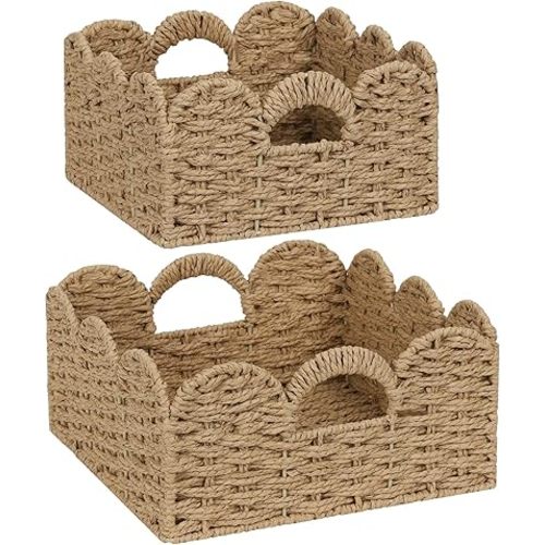 Scalloped Wicker Basket Natural Paper Rope Storage Baskets with Handles Handwoven Organizer Bin Wicker Storage Baskets for Home Decor, Organizing, 2 Pack (Brown)