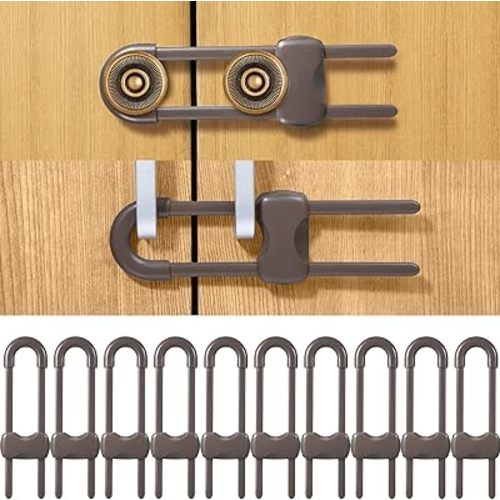Jetec 10 Pieces Cabinet Locks for Babies, U-Shaped Proofing Drawers Safety Child Locks Adjustable, Easy to Use Childproof Latch for Knob Handle on Kitchen Door Storage Cupboard Closet (Brown)