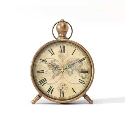 Vintage Design Table Clock - Antique Map Desk Clock - Silent Roman Numeral Clock for Home & Office Decor - Battery Operated Unique Timepiece