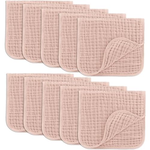 Comfy Cubs Muslin Burp Cloths Set Large 100% Cotton Hand Washcloths for Babies, Baby Essentials 6 Layers Extra Absorbent and Soft Boys & Girls Baby Bibs & Burp Cloths Set (Blush, 10-Pack, 20" X10")