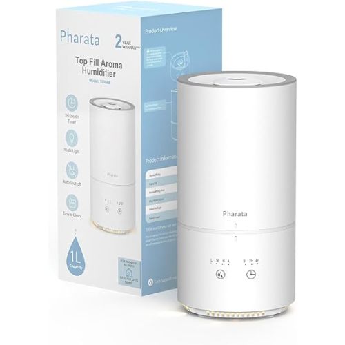 Pharata Humidifiers for Bedroom Baby Room, 1000ml Small Cool Mist Top Fill Air Humidifiers for Nursery & Plants, Ultra Quiet Essential Oil Diffuser with Warm Yellow Night Light, (White)