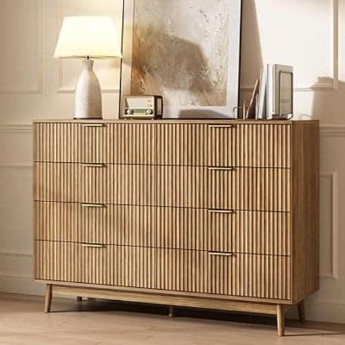 CARPETNAL Fluted 8 Drawer Dresser for Bedroom, 55" Wide Wooden Chest of Drawers with Rounded Corners, Gold Handles, Modern Storage Organizer for Bedroom, Hallway(Walnut)