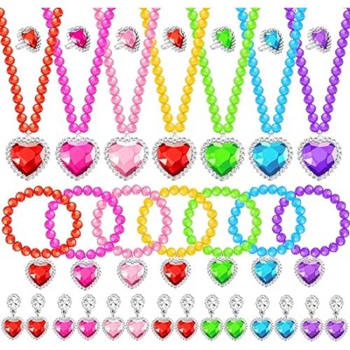 Princess Jewelry Set for Girls with Colorful Necklace Bracelets Rings Earrings Birthday Gifts Party Favors Pretend Play Dress up Costume Friendship Jewelry for Toddler Girls (Heart)