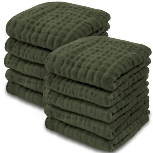 Baby Washcloths Muslin Cotton, Large 10”x10” by Comfy Cubs, Color: Kelp, Size: pack of 10