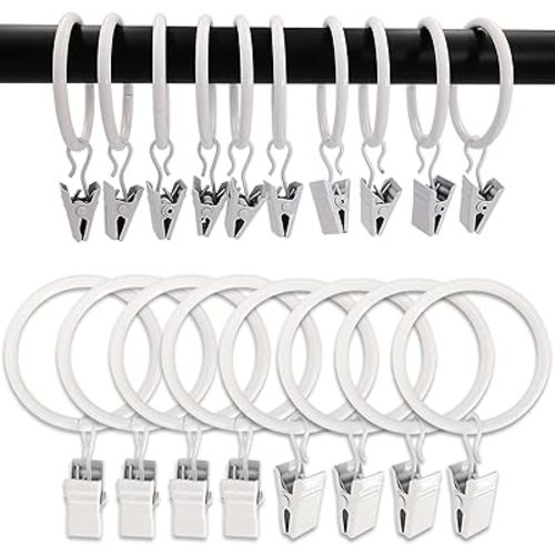 AMZSEVEN 100 Pack Metal Curtain Rings with Clips, Drapery Clips Hooks, Decorative Curtain Rod Clips 1.5 in Interior Diameter, Rustproof White