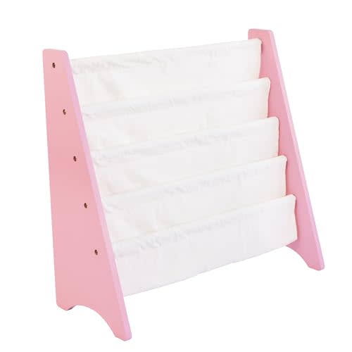 Humble Crew 4-Tier Kids Bookshelf, Pink/White - Premium Book Shelf for Kids Rooms with Four Deep Pockets - Toddler Sling Book Rack with Deep Sleeves, Nursery Bookcase Organize