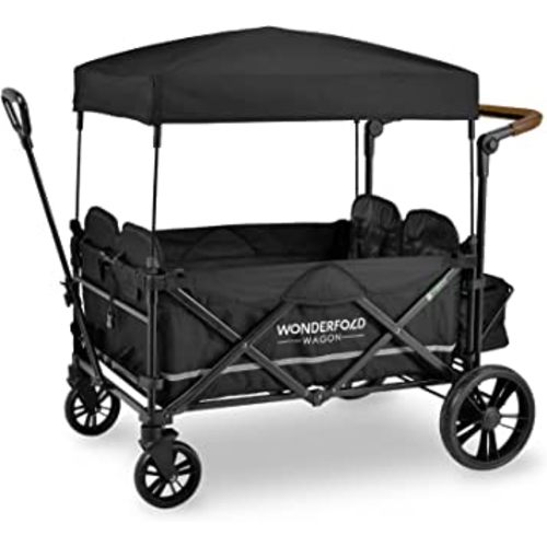 WONDERFOLD X4 Push & Pull Quad Stroller Wagon (4 Seater) Featuring Seats with 5-Point Harnesses, Adjustable Push Handle, and Adjustable/Removable UV-Protection Canopy, Stealth Black