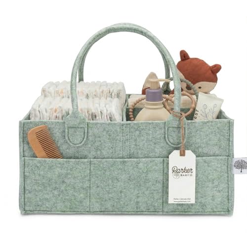 Parker Baby Diaper Caddy - Nursery Storage Bin and Car Organizer for Diapers and Baby Wipes - Sage Green, Large