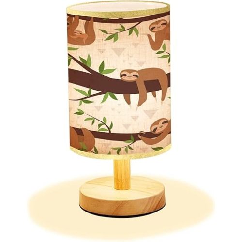 Minimalist Bedside Table Lamp Sloth Seamless Cute Little Sleepy Baby Animal Wood Nightstand Lamp Bedside Desk Lamp Wood Base Flaxen Fabric Shade for Bedroom Living Room 5.5x11inch