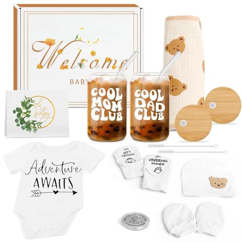 Newborn Gifts Set Gender Neutral Baby Shower Gifts Gender Reveal Gifts for Parents to Be, New Mom Dad Gifts Mom Dad Coffee Glass & Baby Items, Mom to Be Gift Pregnancy Gifts for Expecting Mom
