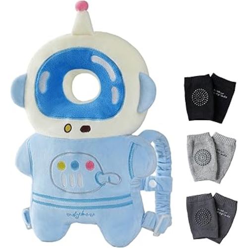 Feidoog Baby Head Protection Backpack with 3 Baby Knee Pads - Soft & Lightweight Head Protection for Walking and Crawling,Blue White Astronauts