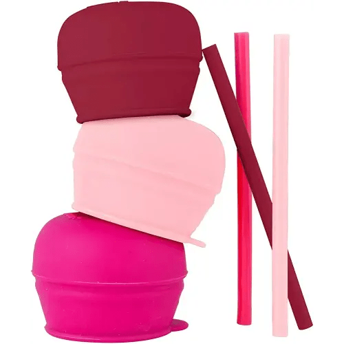 Boon Snug Silicone Sippy Cup Lids and Straws - Includes 3 Lids and 3 Straws - Convert Any Kids Cups or Toddler Cups into Straw Sippy Cups - Toddler Feeding Supplies and Travel Essentials - Pink