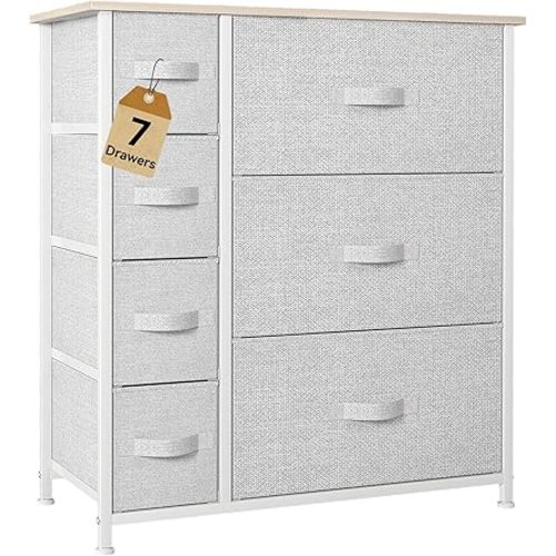 DWVO Dresser for Bedroom, 7 Drawers Fabric Dresser, Organizer Unit for Living Room, Hallway, Closets - Sturdy Steel Frame, Wooden Top & Easy Pull Fabric Bins, Light Gray