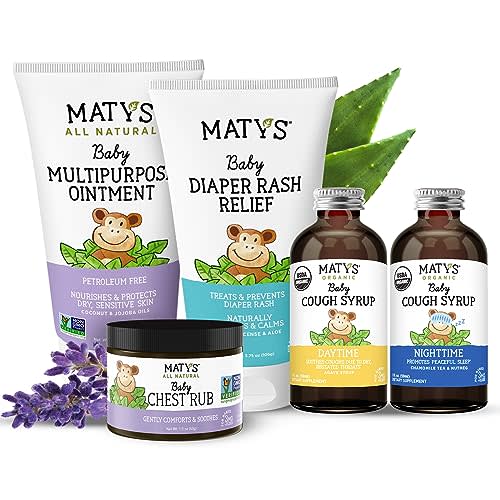 Matys Baby Essentials Kit, for Newborn Parents or Baby Registry Gift, All of Our Favorite Baby Care in One: Chest Rub, Multipurpose Ointment, Diaper Rash Relief, USDA Organic Baby Cough Syrups, 5 pcs