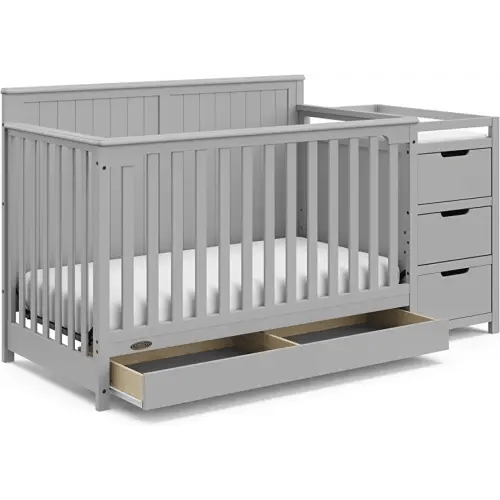 Graco Hadley 5-in-1 Convertible Crib & Changer (Pebble Gray) – GREENGUARD Gold Certified, Fits Standard Crib Mattress, Converts to Toddler Bed and Full Bed, 4 Adjustable Mattress Heights