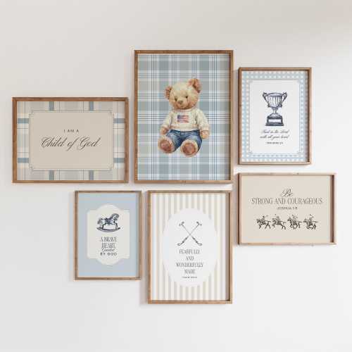 Blue Vintage Christian Teddy Bear Prints, Bible Verse Gallery Art, Digital Download, Boys Nursery