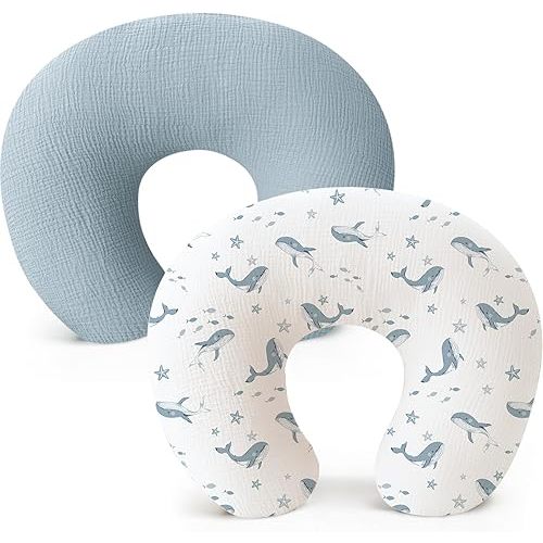 Konssy 2 Pack Muslin Nursing Pillow Covers, Soft and Adorable Nursing Cover for Breastfeeding Pillows, Pillow Slipcover for Baby Girls Boys Newborn(Blue, Whale)