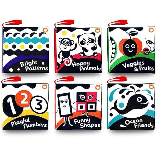 Cloth Books (Set of 6). High Contrast Soft Books. Black and White Images Encourage Infant Development – Suitable for Babies and Toddlers from 3 Months
