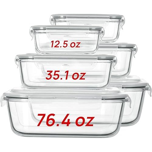 Vtopmart 2.26L/76oz Extra Large Glass Food Storage Containers with Lids, 6 pack Meal Prep Container Set, Airtight Lunch Boxes with Snap Locking Lids for Microwave, Oven, Freezer, Dishwasher