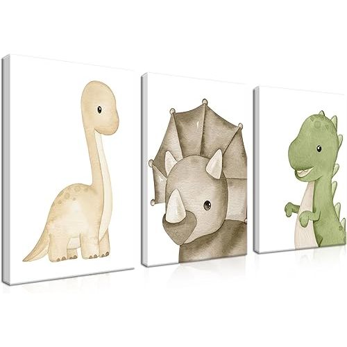 Dinosaur Wall Art Kids Bathroom Decor Set of 3, Dino Pictures Nursery Wall Decor, Baby Room Safari Animals Canvas Paintings for Boy Girl Kids Room Shower Theme Decor 12x16 in Framed
