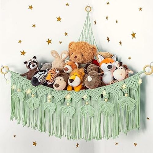 ANROYE Macrame Stuffed Animal Storage with Star Light, Bear Green Hammock for Girls Room Decor, Corner Hanging Mesh Organizer Idea for Nursery, Plushies Toy Wall Hanging Display Holder Kid Boy Gift