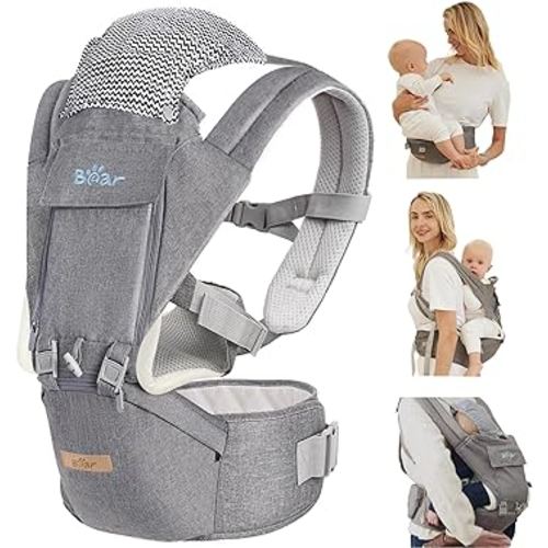 Bear Baby Carrier, 6-in-1 Baby Carrier Newborn to Toddler with Hip Seat (Ergonomic M Position) for 3-36 Month/ 7-44lbs Baby, Adjustable Size for Enhanced Lumbar Support, Perfect for On-The-go