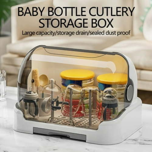 Hovilon Storage Bins with Lid,Baby Bottle Drying Rack Baby Bottle Organizer With Covver Bottle Storage With Removable Drip Tray Nursing Baby Bottle Storage Countertop