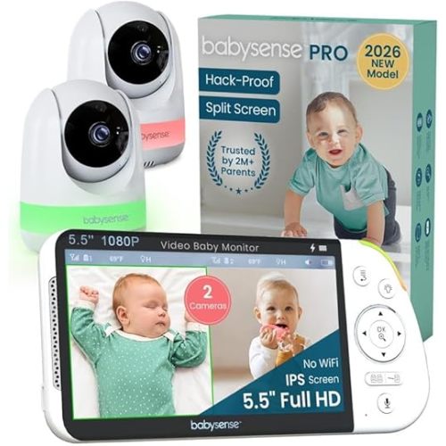 Babysense PRO Full HD 5.5" Split Screen Baby Monitor with 2 Cameras, 6-Color Night Light, White Noise, Sound & Light Machine, 20-Hour Battery, Hack-Proof Non-WiFi Secure Connection