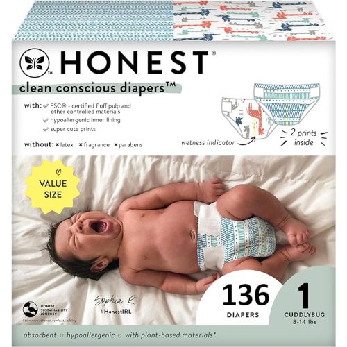 The Honest Company Clean Conscious Diapers | Plant-Based, Sustainable | Dots & Dashes + Multi-Colored Giraffes | Super Club Box, Size 1 (8-14 lbs), 136 Count