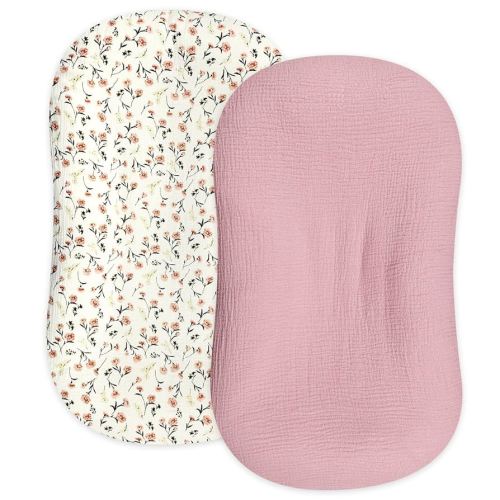 Hooyax Muslin Baby Lounger Cover 2 Pack, Organic Removable Slipcover for Newborn, Infant Floor Seat Covers for Boys Girls (Flesh Pink & Floral)