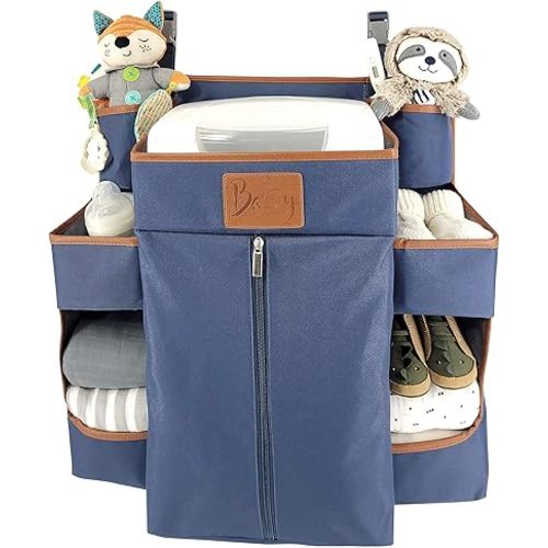 Premium Nursery Organizer and Baby Diaper Caddy | Hanging Diaper Organizer for Baby Essentials | Diaper Organizer for Crib, Changing Table or Playard | Baby Crib Storage Organizer (Navy)
