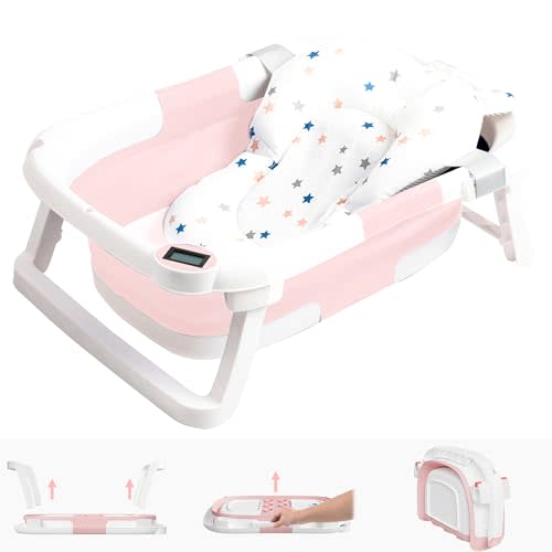 napei Collapsible Baby Bathtub,Baby Bath Tub with Soft Cushion & Thermometer,Baby Bathtub Newborn to Toddler 0-36 Months,Portable Travel Baby Tub,Pink
