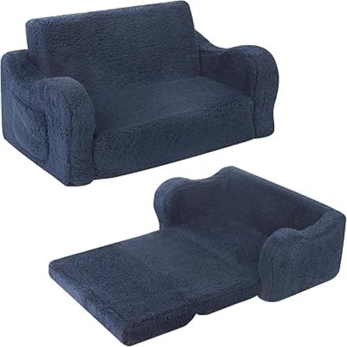 Kids Sofa, 2-in-1 Flip-Out Foam Couch with Soft Sherpa Cover, Cozy Play Lounge Chair, Extra Wide, Dark Blue