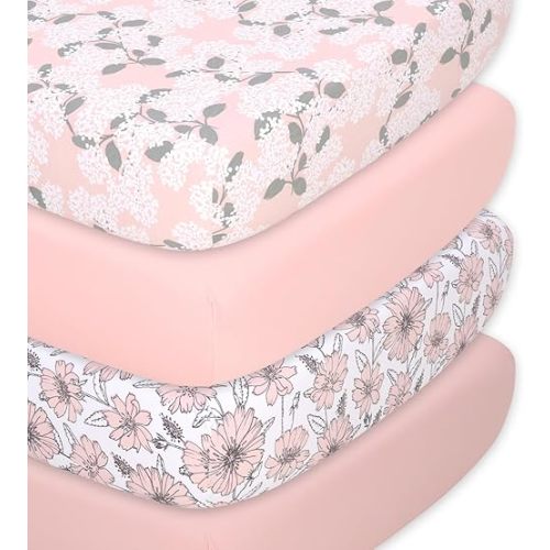 The Peanutshell Baby Organic Bassinet Sheets 4-Pack Unisex - Soft, Oval & Rectangle Baby Girls or Boys Sheet, 100% Jersey Cotton, Fitted Covers for Crib, Halo Bassinet Mattress - Cottage Floral