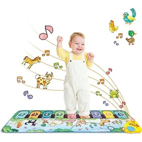 Kids Musical Piano Mats, 43.3'' x14.1'' Floor Piano Keyboard Mat with 8 Animal Sounds Blanket Touch Playmat Funny Touch Play Dancing Mat Early Education Toys for 3+ Years Old Girls Boys Gifts