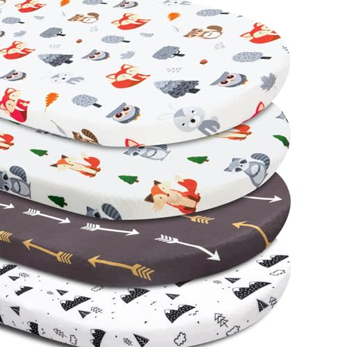 4 Pack Bassinet Sheets Woodland Forest Animals Wood Neutral Unisex Fitted Baby Bassinet Sheets Set for Standard Bassinets for Baby Boys or Girls